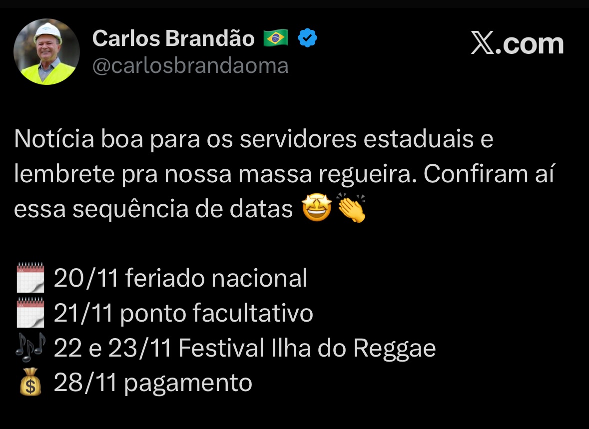 Governador Carlos Brandão anuncia feriado, ponto facultativo, Festival Ilha do Reggae e data de pagamento dos servidores